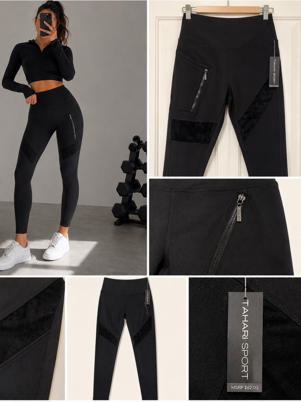 NWT Tahari Sport Black Moto Leggings | High Rise | Zip Pocket | faux suede